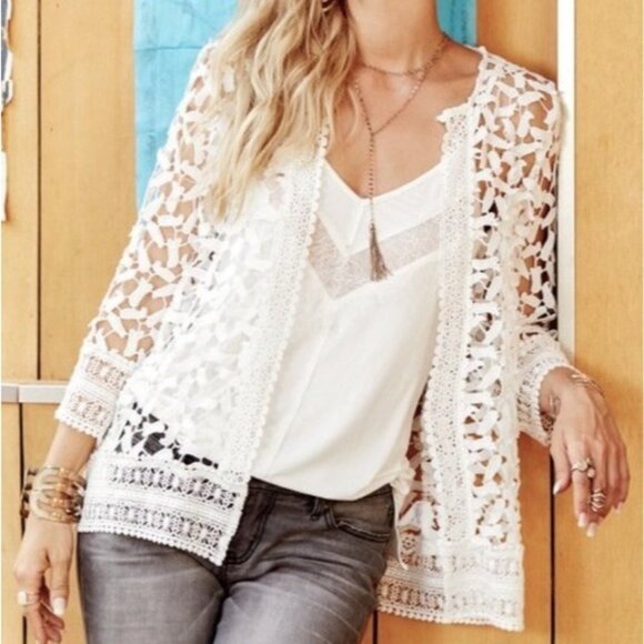 NEW $86 Suzanne Betro Womens XL Ivory Lace Cardigan Open Knit Top - Picture 1 of 16